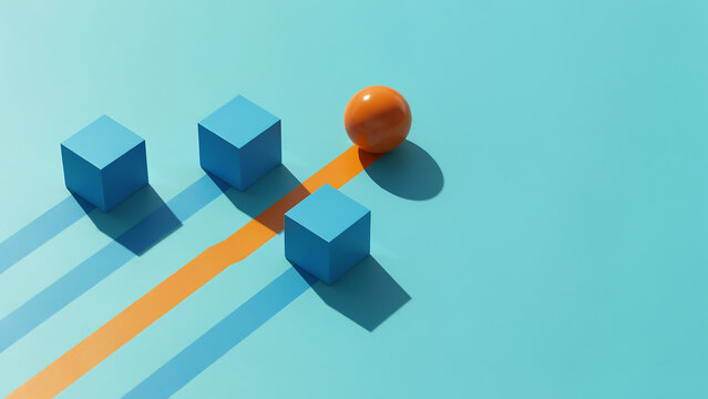 Concept of leadership and business growth with blue cubes and orange sphere business leadership strategy development progression abstract innovation management competition performance