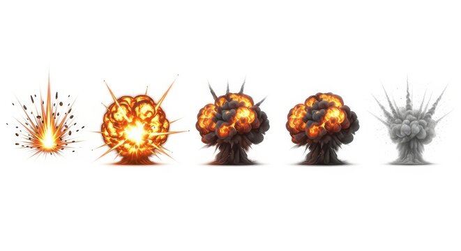 Explosion Sequence Animation Sprite Sheet with Fire and Smoke Effects Isolated on White Background