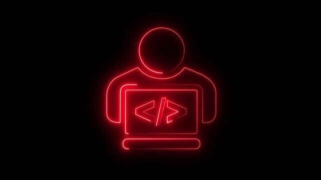 glowing neon programmer icon animation representing programming user coding or software development Database Management, Web Application 4K Loop Motion Graphics..