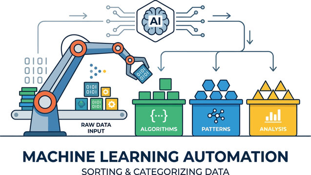 Robot arm sorts digital blocks into classified containers while an artificial intelligence brain processes raw data input in this technology concept.
