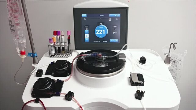 Footage of the touchscreen display of a plasma separation machine beside blood tubes and the centrifuge during a donation at a medical clinic.
