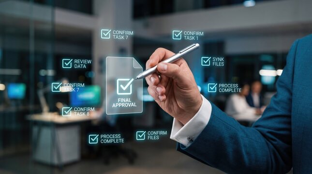 Professional signing digital final approval document with task checklist in modern office setting with contemporary workspace blurred background activity