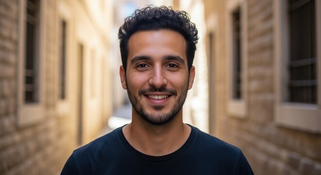 Portrait of a Happy Young Man with Curly Hair and Beard Smiling in a Historic City Street Alleyway