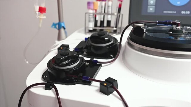 Footage of a blood separation machine with its rack of tubes, touchscreen and centrifuge running during a plasma donation at a clinic.