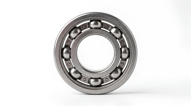 Deep groove ball bearing isolated on a white background seen straight on from the front