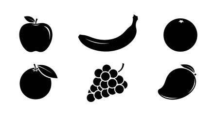 Six black fruit icons on white background with including apple banana grapes another fruit banana orange plum illustration healthy symbols with graphic © Ritu