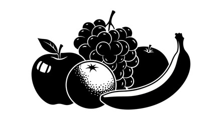 Black and white illustration of assorted fruit with illustration selection silhouette nutrition healthy graphic banana grapes apple peach with food © Ritu