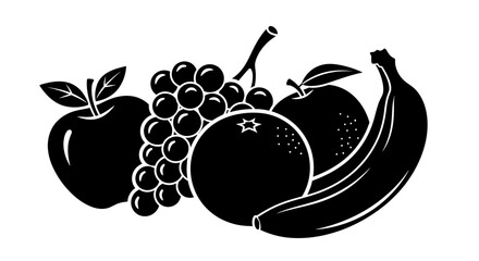 Black and white illustration of assorted fruit with nutrition healthy graphic banana grapes orange symbol apple food icon © Ritu