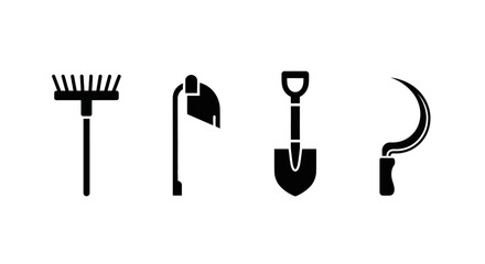 Four gardening tools icons in black on white background with tool icons illustrations agriculture equipment farming symbols shovel sickle with rake © Ritu
