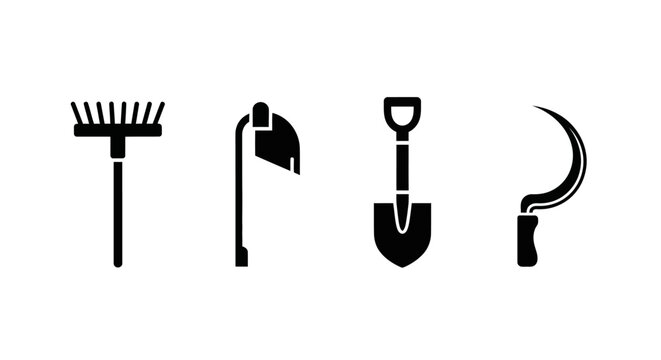 Four gardening tools icons in black on white background with tool icons illustrations agriculture equipment farming symbols shovel sickle with rake
