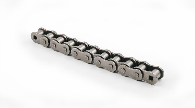 Short length of steel roller chain isolated on white from a raised three quarter angle