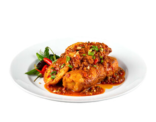 Fototapeta premium Spicy Fried Fish Rolls with Chili Sauce and Fresh Herbs on a White Plate