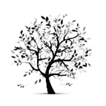 Black and white minimalist tree silhouette with falling leaves illustration