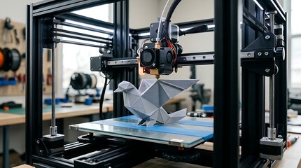 Fototapeta premium Desktop three dimensional printer creating geometric bird sculpture in modern workshop environment with working plastic geometric