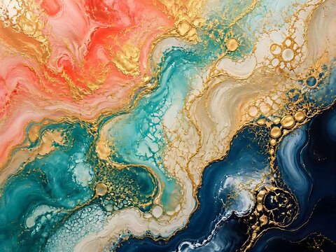 Vibrant Abstract Fluid Art Featuring Swirling Waves of Gold and Coral
Luxurious Liquid Marble Painting with Dynamic Metallic Accents