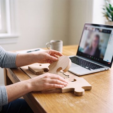 Nahaufnahme von Frauenh&auml;nden die gro&szlig;e Holzpuzzleteile am Schreibtisch neben Laptop sortieren