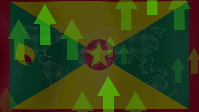 Grenada Economic Growth: The flag of Grenada overlaid with a world map and green upward-trending arrows symbolizing economic progress and growth.