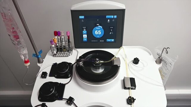 Footage of an apheresis machine with its touchscreen and blood tubes running during a plasma donation at a medical clinic, the centrifuge in motion.