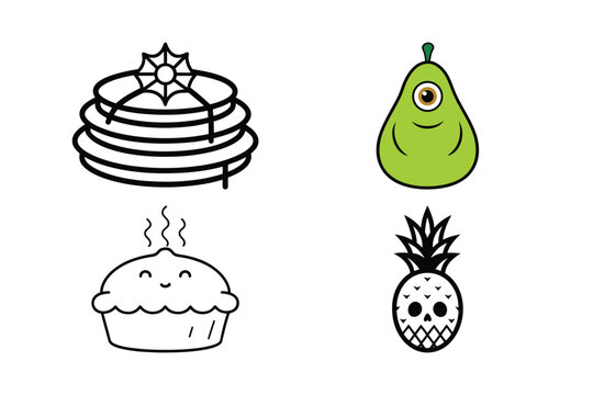 Stack of pancakes with spider web decoration cute pear monster steaming hot delicious pie and skull pineapple fruit head icon.
