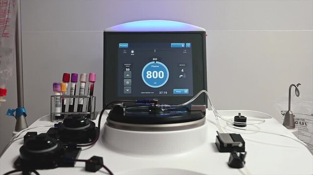 Wide footage of a plasma separation machine with its glowing touchscreen, tubes and centrifuge running during a donation at a medical clinic.