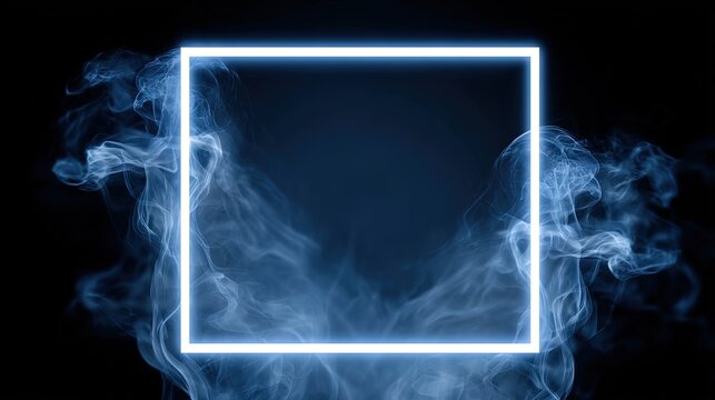 ROOM WITH Abstract BLUE neon frame on a black background with smoke. The smoke plumes are in the shape of a square frame for product presentation, with an empty space inside 