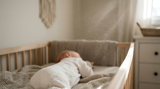 Newborn baby sleeping peacefully inside wooden crib bathed in warm natural sunlight during afternoon nap with sunlight filtering