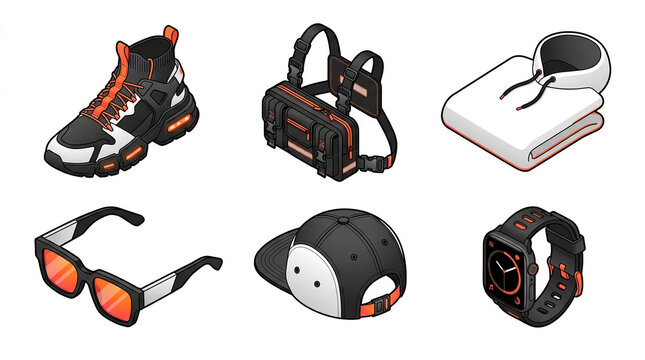 Black and orange techwear lifestyle accessories and wearable electronic gadgets.