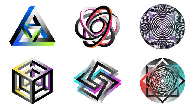Collection of colorful abstract geometric icons and mathematical symbols.