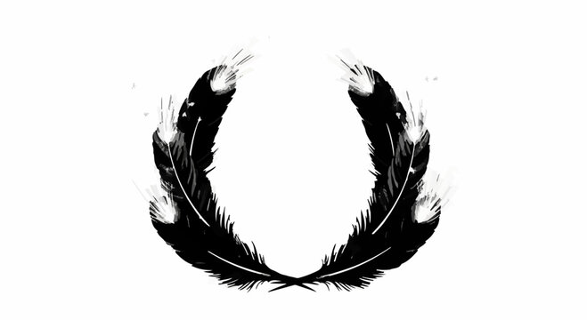 Elegant black feathers forming a circular frame on a white background