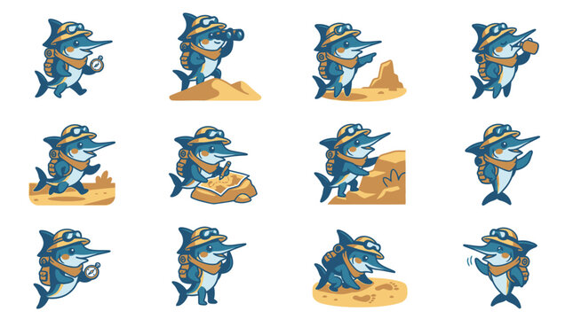 Cartoon swordfish adventurer character mascot set.