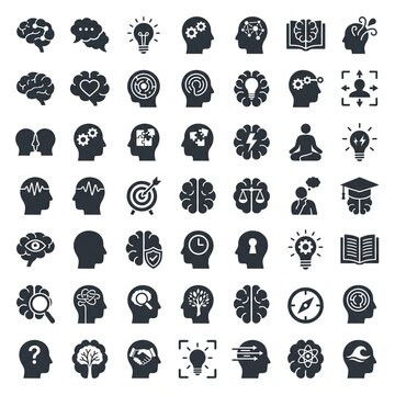 Set of 40 solid brain icons. Vector collection of human mind and intelligence symbols.