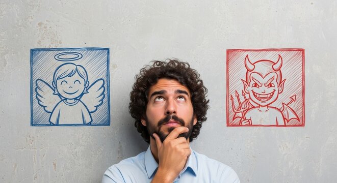 Thoughtful Young Man Facing Moral Dilemma with Angel and Devil Sketches Representing Good and Evil Choices