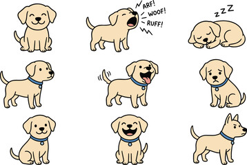 Fototapeta premium Cute Labrador Puppy Character Vector Set with Different Emotions, Actions, Barking, Sleeping, Wagging Tail, and Sitting Poses for Pet App Graphics