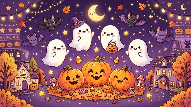 Charming halloween scene with friendly ghosts bats glowing pumpkins and twinkling lights in purple night.