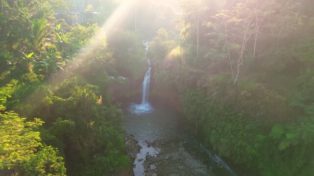 Aerial footage capturing the beauty of the waterfall and its natural pool on a bright morning. An aerial view showcasing the stunning waterfall amidst lush trees and steep cliffs.
