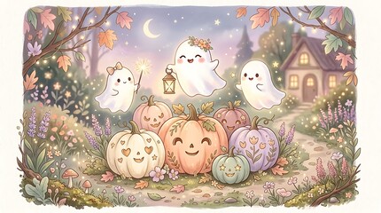 Fototapeta premium Cute halloween ghosts and pastel pumpkins in magical autumn garden with charming house and twinkling lights.