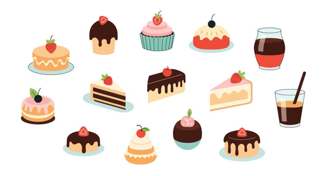 Delicious cakes and drinks dessert illustration