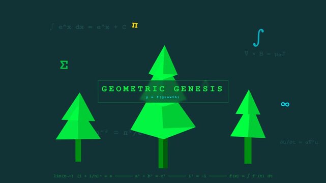 Geometric green trees grow amid floating mathematical equations and physics formulas on dark background