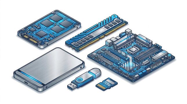 Isometric computer hardware components and mobile storage set.