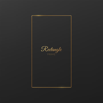 Golden 3d rectangle line thin frame isolated on dark background. Elegant simple box metal border element.