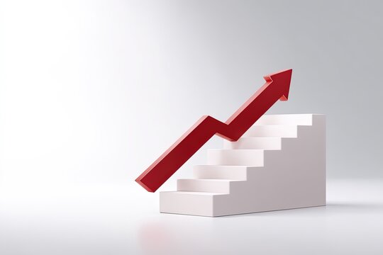 rendering of red arrow pointing up and right on white background with stairs in the shape of an upward trending graph, symbolizing business growth or success 