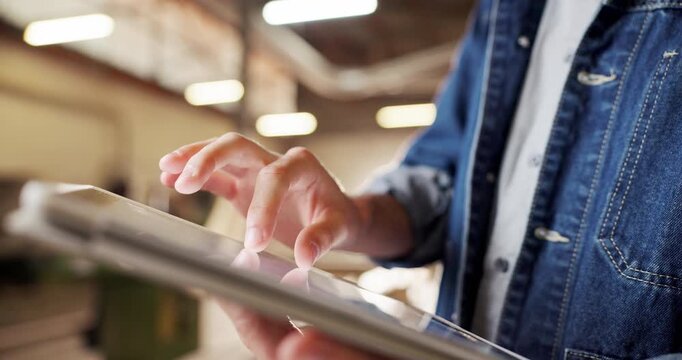 Carpentry, hands and man on tablet in workshop for planning, online inventory and woodworking. Carpenter, scroll and person on tech for research, furniture design and checklist for timber production