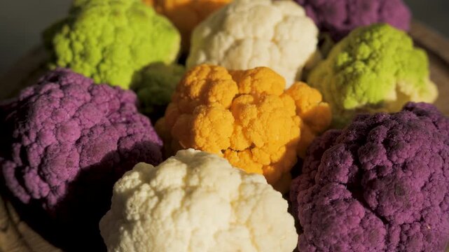 Mixed colorful cauliflower florets on wooden platter overhead, carefully arranged for vibrant culinary presentation highlighting natural textures, vivid seasonal produce, wholesom
