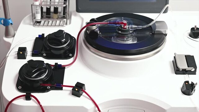 Close-up footage of the spinning bowl and blood line of an apheresis centrifuge during a plasma donation at a medical clinic, the device in motion.