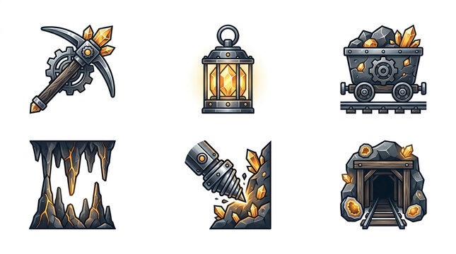 Mining and exploration icons including pickaxe lantern and cart