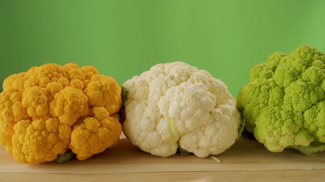 Three colorful cauliflower heads on green background composition, carefully arranged for vibrant culinary presentation highlighting natural textures, vivid seasonal produce, whole