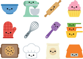 Kawaii baking vector icons on white background featuring cute mixing bowl rolling pin cupcake oven mitt whisk spatula cookie tray chef hat butter flour and smiling kitchen tools for stickers