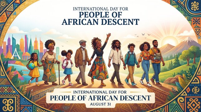 International Day for People of African Descent poster featuring children, teenagers, adults, and elders walking confidently toward a bright horizon