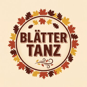 Retro Emblem mit Schriftzug Bl&auml;ttertanz und Herbstlaub in Nahaufnahme auf cremefarbenem Grund