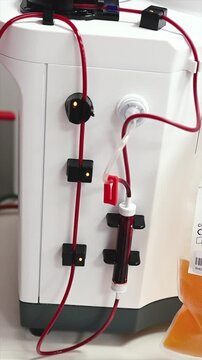 Close-up footage of the blood line and tubing, of an apheresis machine running during a plasma donation at a medical clinic.